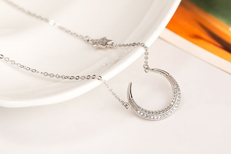 Star And Moon 925 Silver Link Chain Necklace With Rhinestones