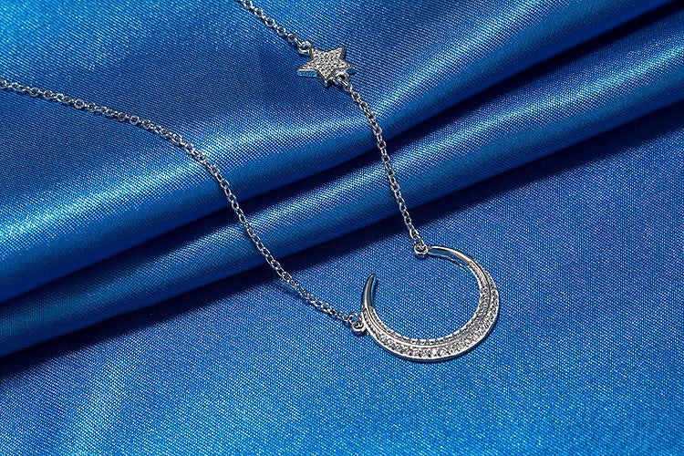 Star And Moon 925 Silver Link Chain Necklace With Rhinestones