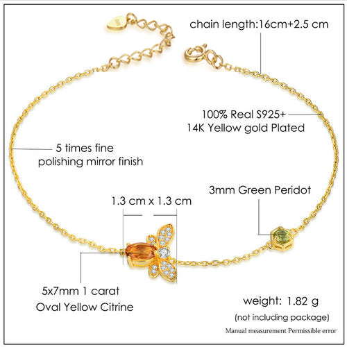 Citrine Honey Bee Silver Jewelry 14K Gold Plated Chain Charm Bracelet