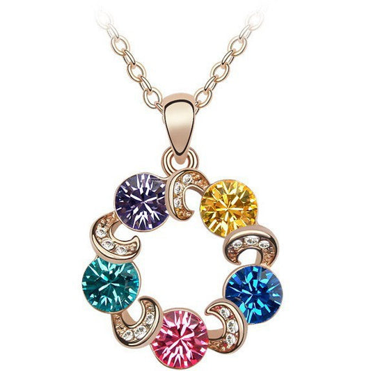 Rainbow Circle Floating With Austrian Crystal Gold Plated Necklace