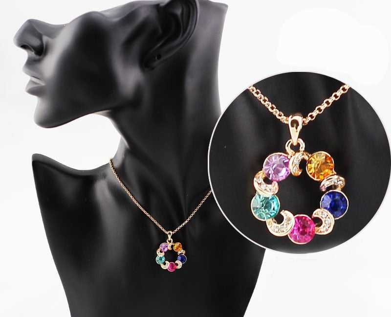 Rainbow Circle Floating With Austrian Crystal Gold Plated Necklace