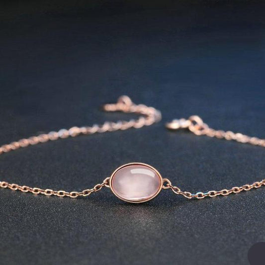 Natural Oval Pink Rose Quartz Charm Rose Gold Plated Sterling Silver Bracelet