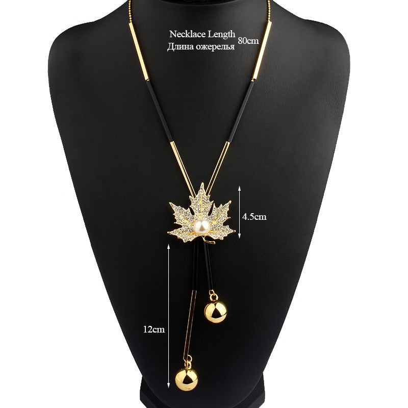 Fashion Jewelry Silver or 18K Gold Plated Maple Leaf With Rhinstone Long Beaded Popcorn Chain Tassel Pendant With Imitation Golden Pearls Women Necklace For Business Casual Birthday Wedding Party