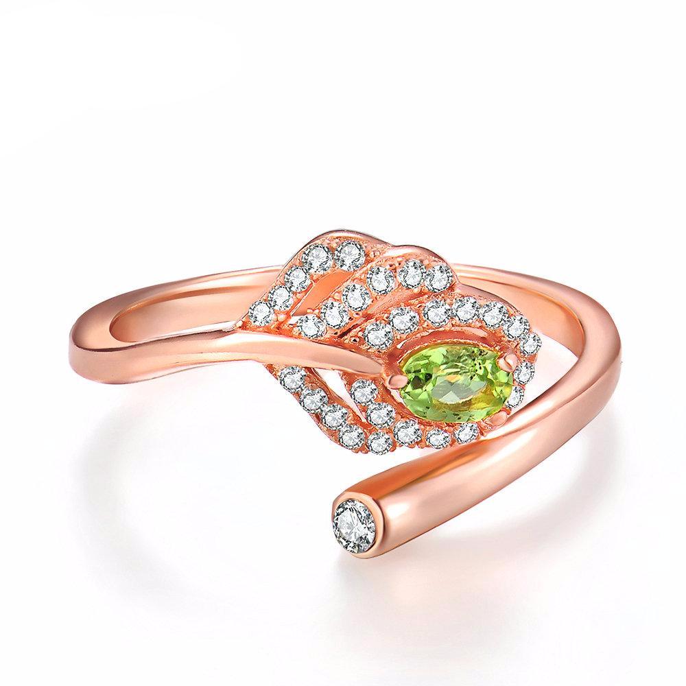 Rose Gold Plated 925 Sterling Silver Oval Green Peridot Ring With Classic CZ Crystals Leaf