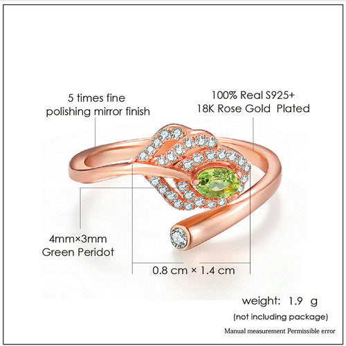 Rose Gold Plated 925 Sterling Silver Oval Green Peridot Ring With Classic CZ Crystals Leaf