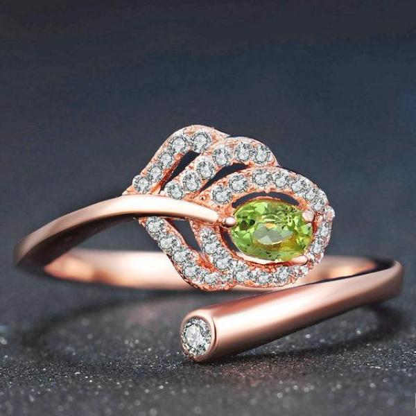 Rose Gold Plated 925 Sterling Silver Oval Green Peridot Ring With Classic CZ Crystals Leaf