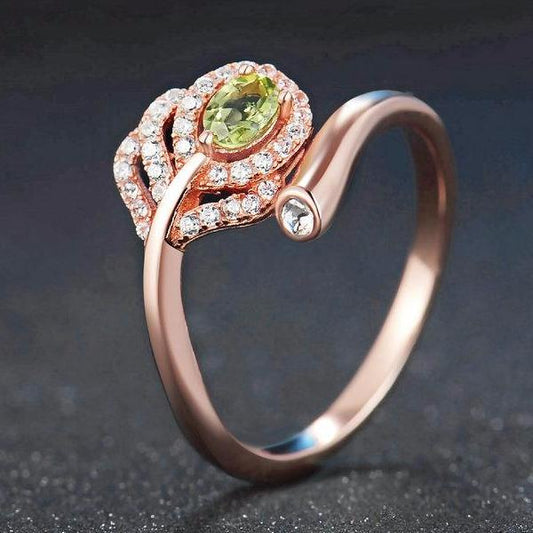 Rose Gold Plated 925 Sterling Silver Oval Green Peridot Ring With Classic CZ Crystals Leaf