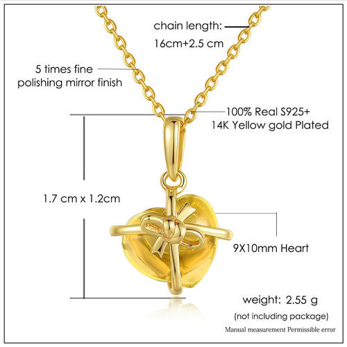 BR CHIC Silver 14K Yellow Gold Plated Bowknot Citrine Heart Pendant Necklace