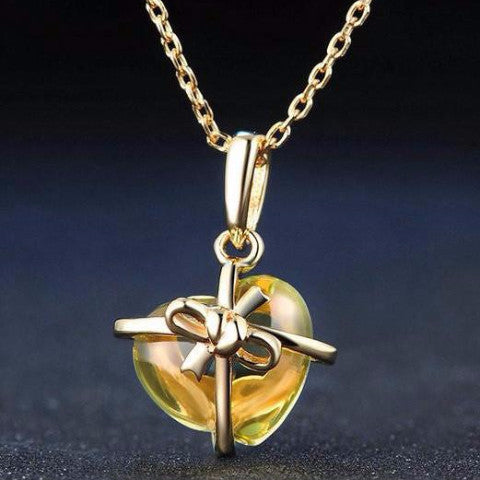 BR CHIC Silver 14K Yellow Gold Plated Bowknot Citrine Heart Pendant Necklace