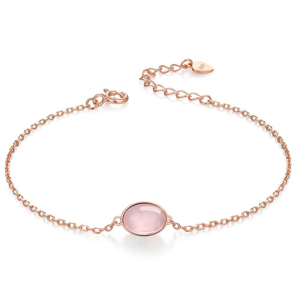 Natural Oval Pink Rose Quartz Charm Rose Gold Plated Sterling Silver Bracelet