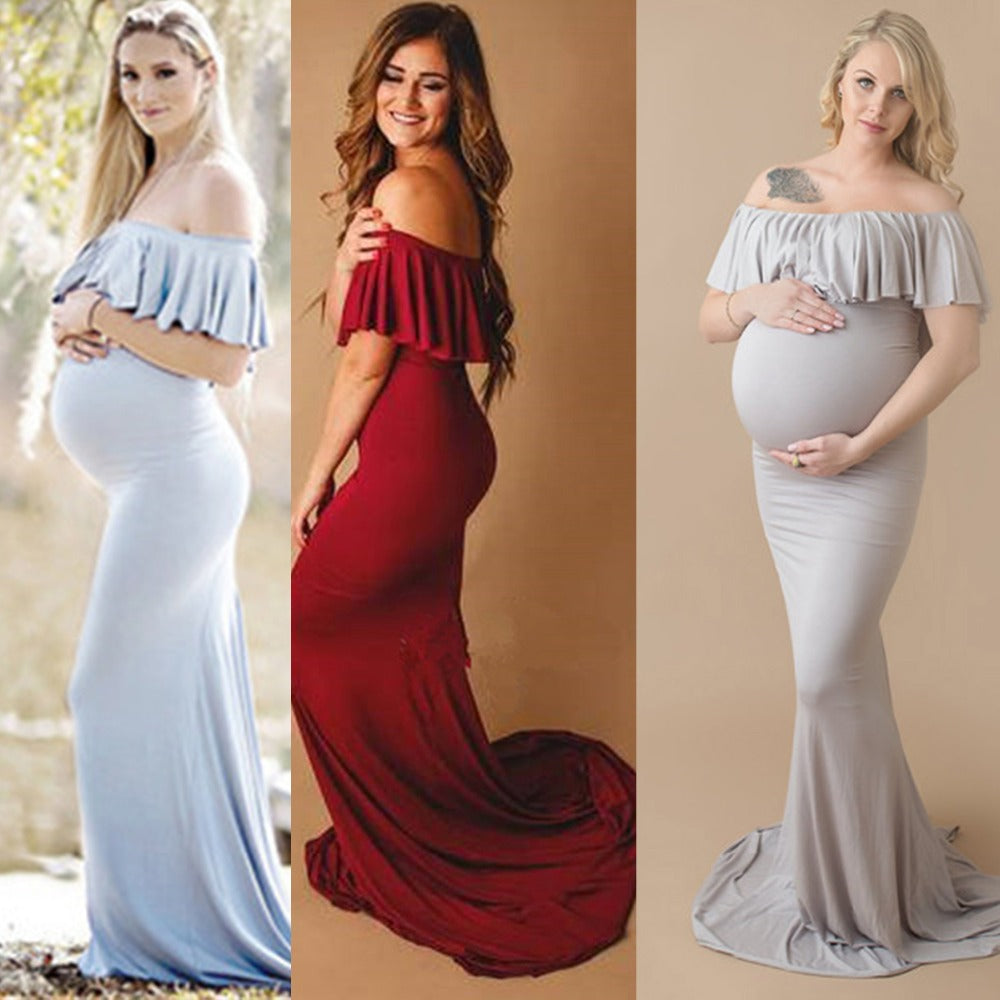 Sheath Ruffle Collar Off Shoulder Sleeveless Long Maternity Dress Photography Props