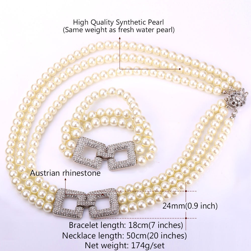 Fashion Jewelry Set Wedding Simulated Pearl With Rhinestones Necklace And Bracelet Set For Women Bridal Engagement Anniversary Party