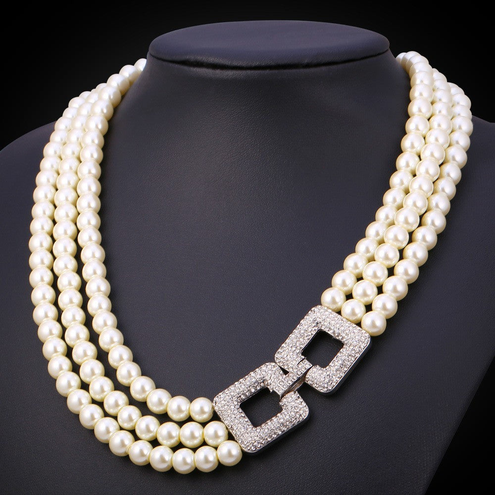 Fashion Jewelry Set Wedding Simulated Pearl With Rhinestones Necklace And Bracelet Set For Women Bridal Engagement Anniversary Party