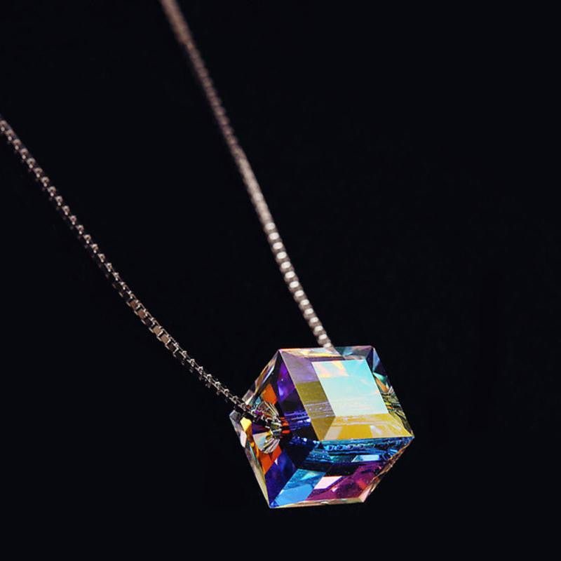 Swarovski Elements Austrian Crystal Cube Necklace With 925 Silver Platinum Plated Chain