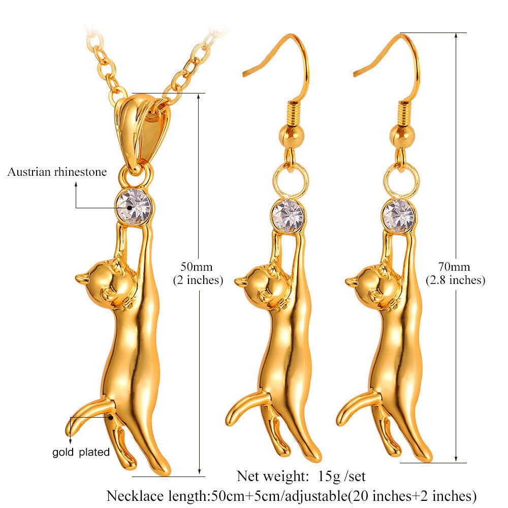 Lovely Cat Pendant Necklace Earrings Set For Women