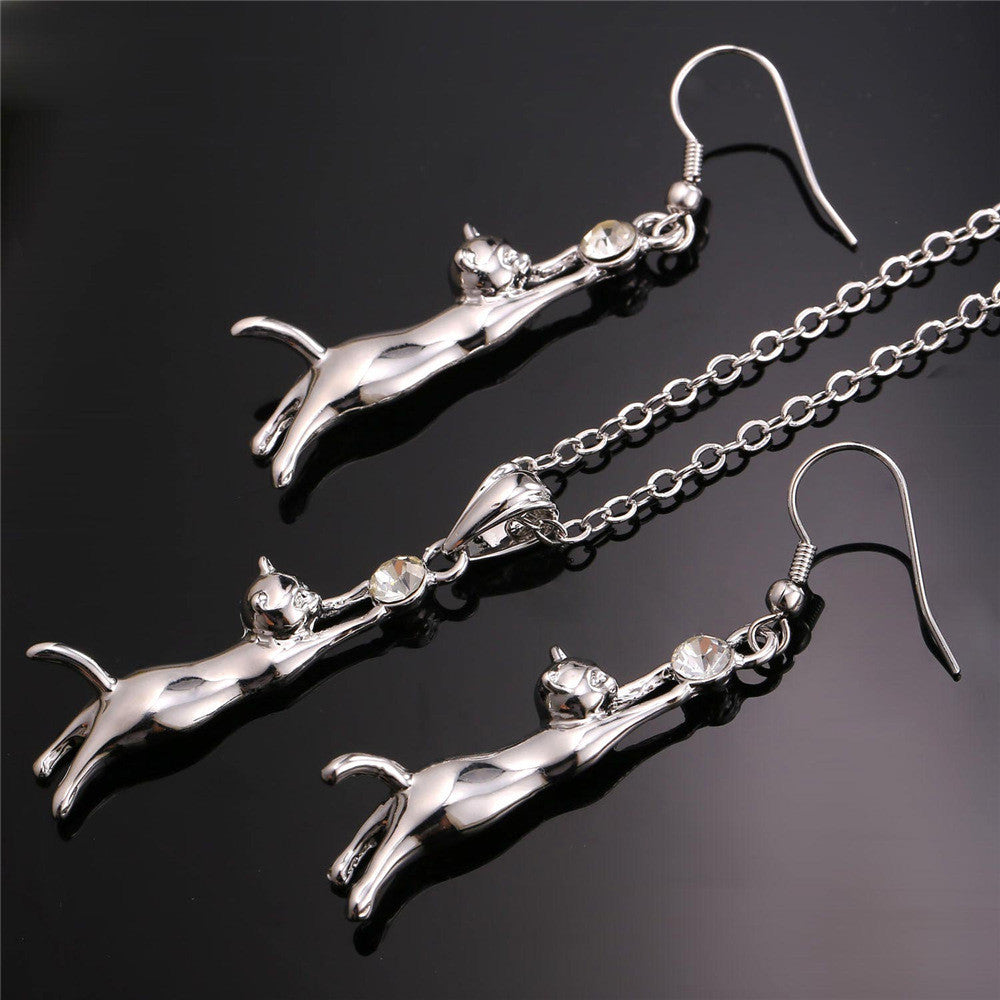 Lovely Cat Pendant Necklace Earrings Set For Women